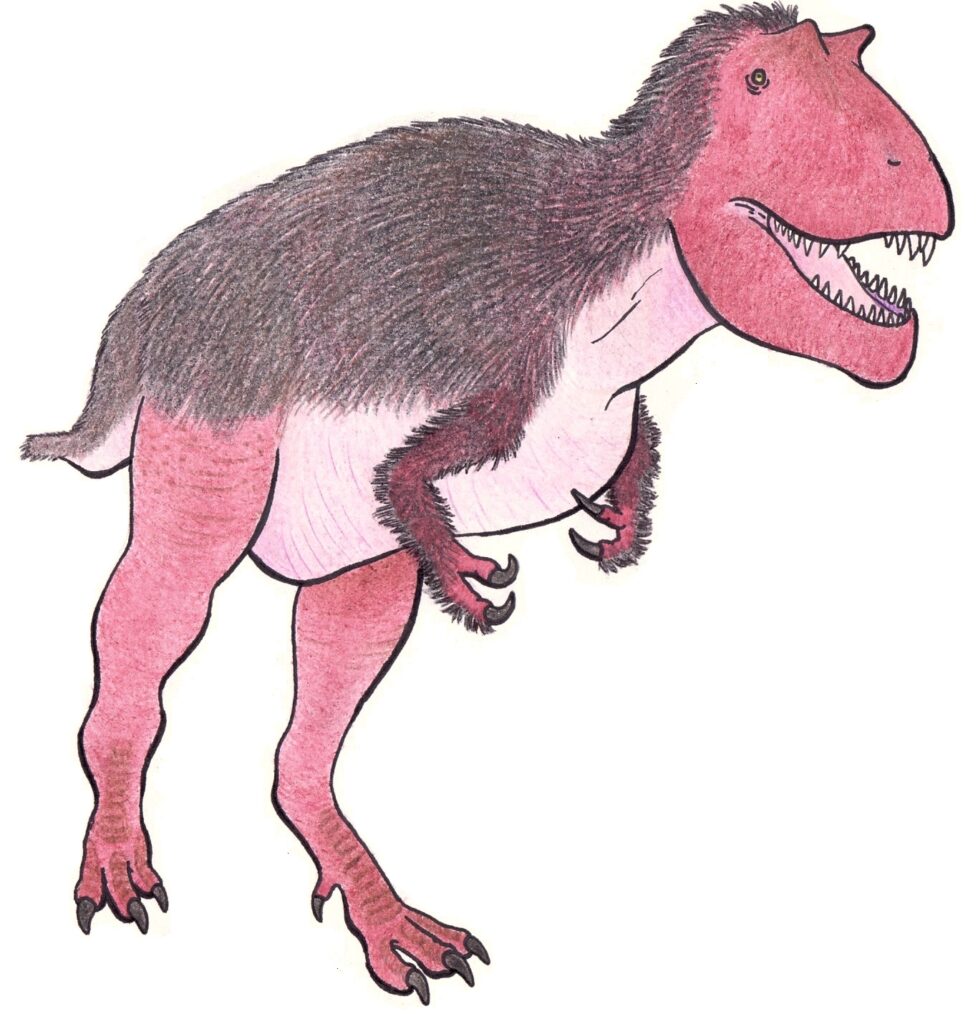 Illustration of a pink dinosaur with a fluffy black back, sharp teeth, and small arms. It conveys a whimsical yet fierce tone.