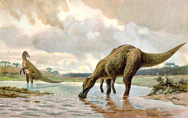 Two large dinosaurs are near a water body under a cloudy sky. One drinks from the river, while the other stands nearby. The scene is serene and prehistoric.