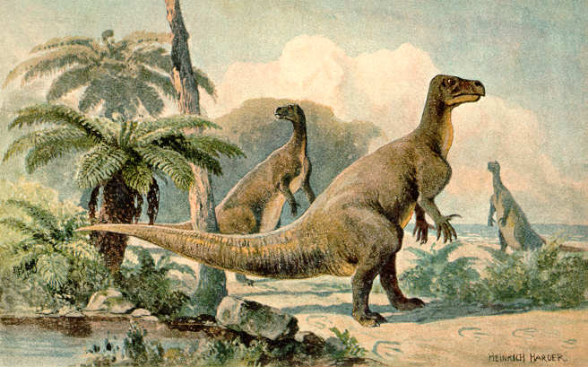 Illustration of three dinosaurs standing in a prehistoric landscape with lush greenery and palm trees. The scene conveys a tranquil, ancient atmosphere.