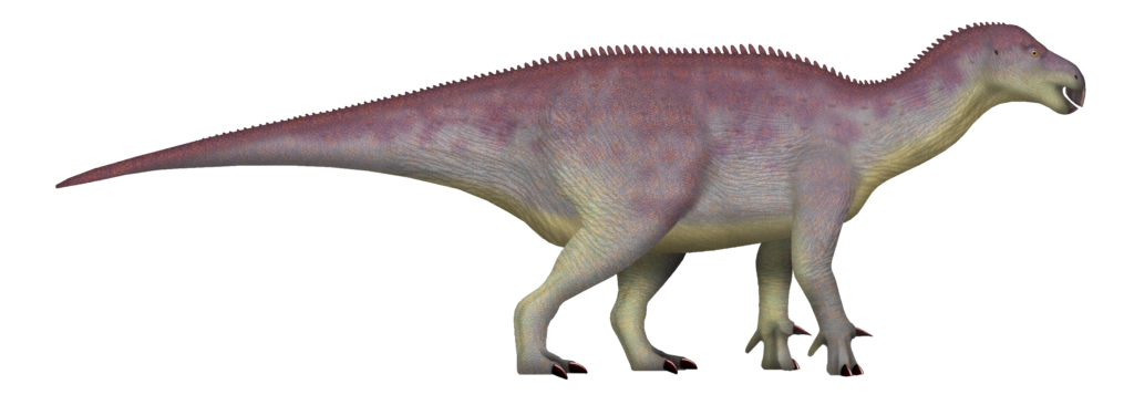 Illustration of a dinosaur with a long tail and robust body, featuring purplish skin and a beak-like mouth, standing on four legs against a plain background.