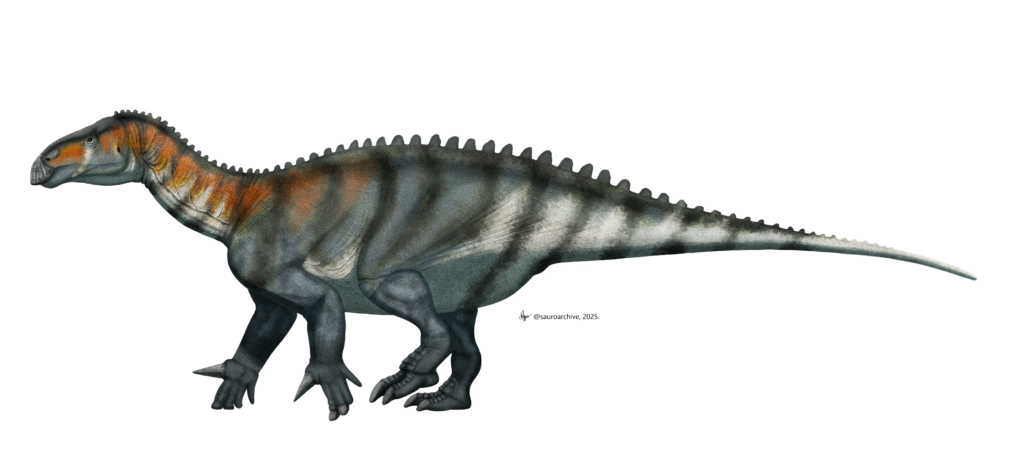 Illustration of an armored dinosaur with orange-brown and gray stripes, walking on all fours. The tone is realistic and scientific.