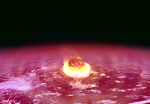 A fiery meteor enters Earth's atmosphere, glowing against a dark sky. It creates a bright streak over a blurred, colorful landscape, evoking a sense of impending impact.