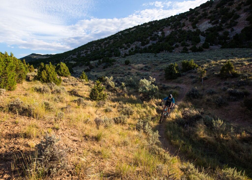 A mountain biker rides a dirt trail through a sunlit, shrub-covered hillside under a bright blue sky, evoking adventure and freedom.