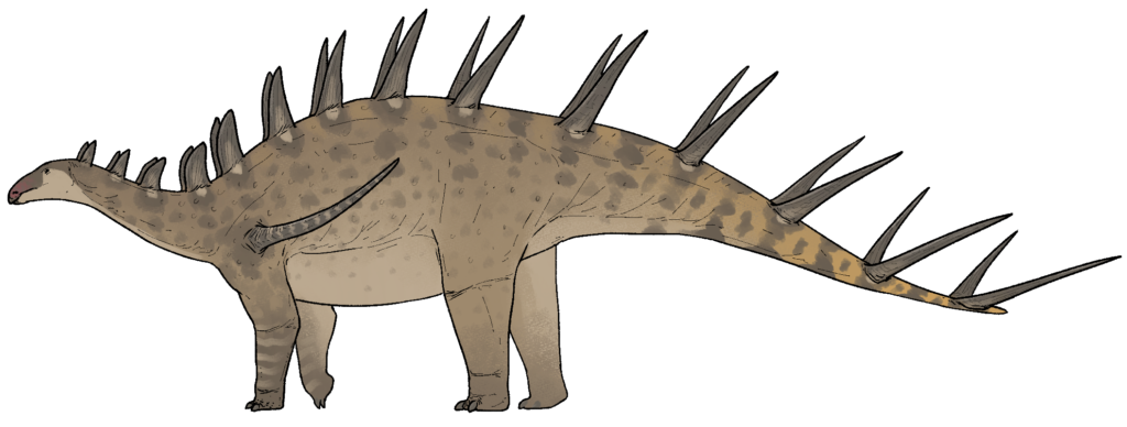 Illustration of a dinosaur with a brown, speckled body and three rows of long, sharp spikes along its back, conveying a prehistoric and defensive appearance.