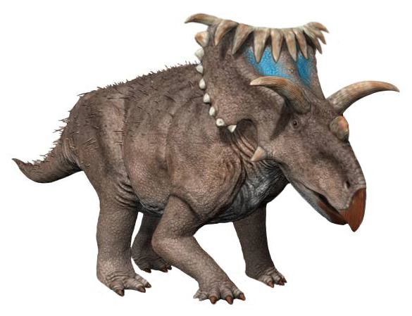 A realistic dinosaur with a large blue and brown frill, two horns above its eyes, and textured skin. It conveys a sense of power and ancient history.