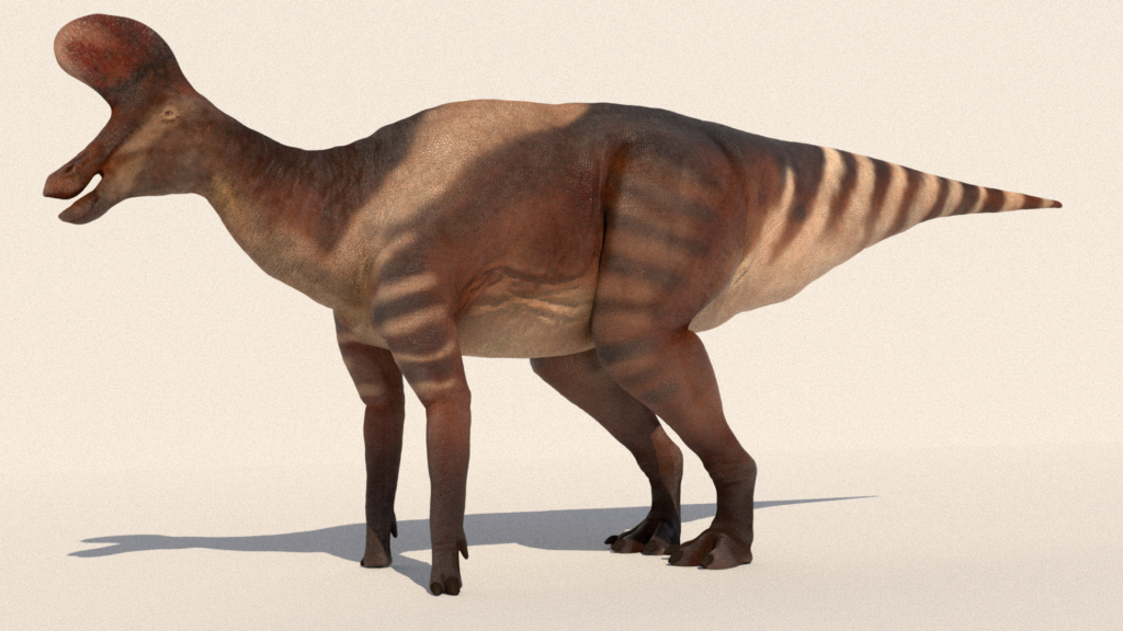 A realistic Lambeosaurus dinosaur with a distinctive, long cranial crest stands in profile. Its textured skin shows muted brown tones under soft light.