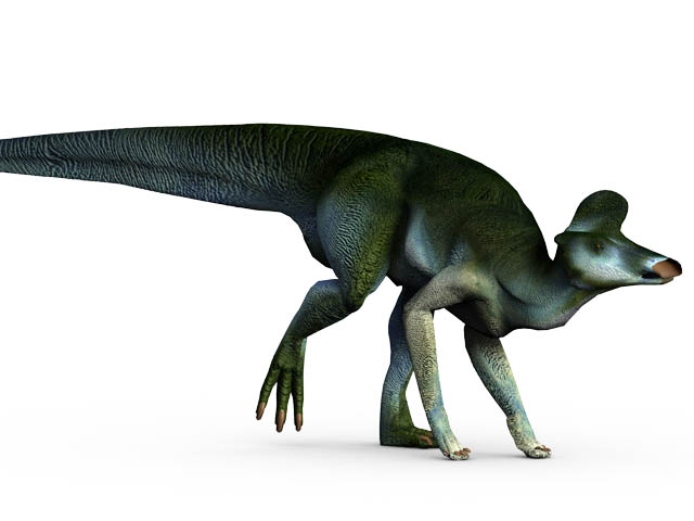 A green dinosaur with a textured skin and long tail stands on four legs against a white background, conveying a sense of ancient, prehistoric life.