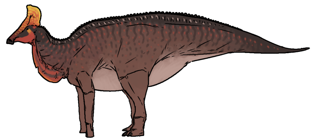 Illustration of a dinosaur with a long crest on its head, a textured brown body with orange spots, and a white underbelly. The creature stands in profile.