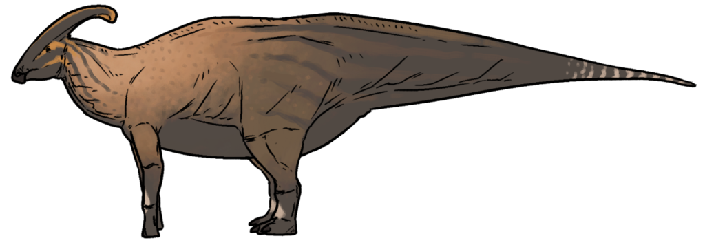 Illustration of a Parasaurolophus dinosaur in profile. The creature has a prominent head crest, textured brown skin, and a long, tapering tail.