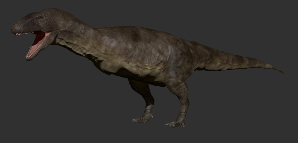 Realistic 3D rendering of a dinosaur with a large tail, open mouth, sharp teeth, and textured skin, conveying a fierce presence against a dark background.