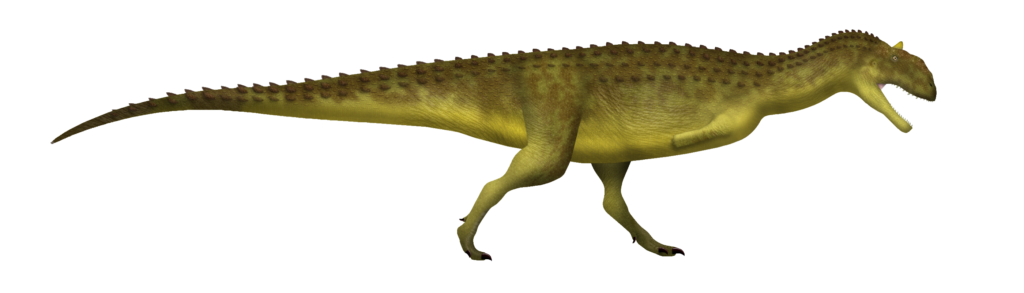Illustration of a green and brown dinosaur in profile view with a textured back and sharp teeth, walking on two legs, conveying a fierce and dynamic presence.