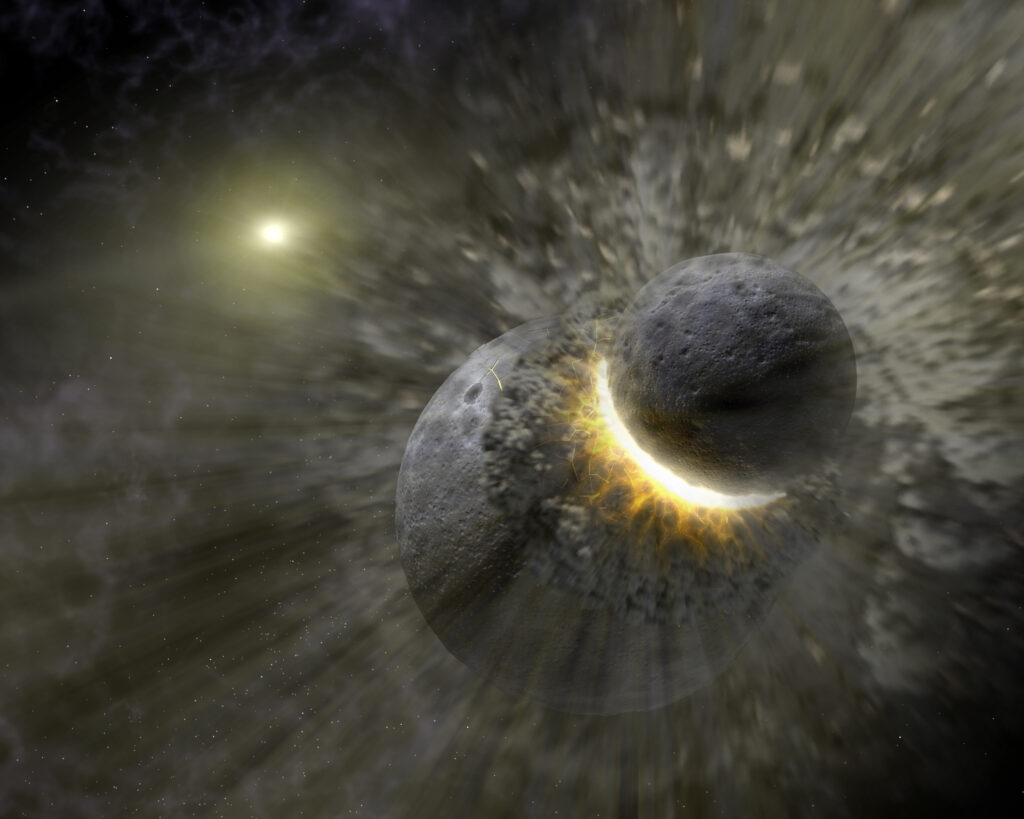 Two rocky planets collide in space, producing a bright explosion of light and debris. A distant star glows in the background. The scene is dramatic and intense.