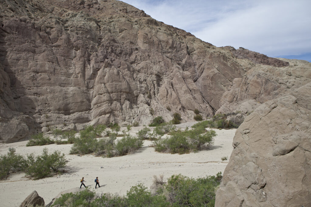 Two people walk in a vast desert landscape, surrounded by towering rocky cliffs and sparse greenery, under a partly cloudy sky.