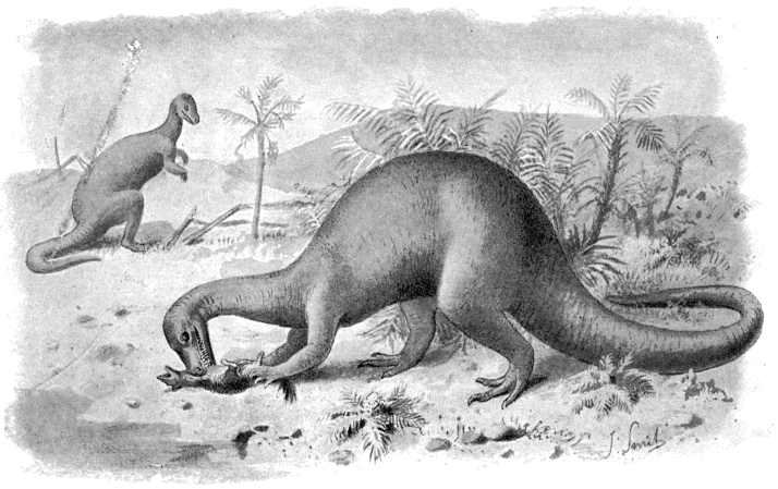 A vintage illustration shows two prehistoric reptilian creatures near a lake. One drinks water, while the other observes from a distance. Lush ferns surround them.