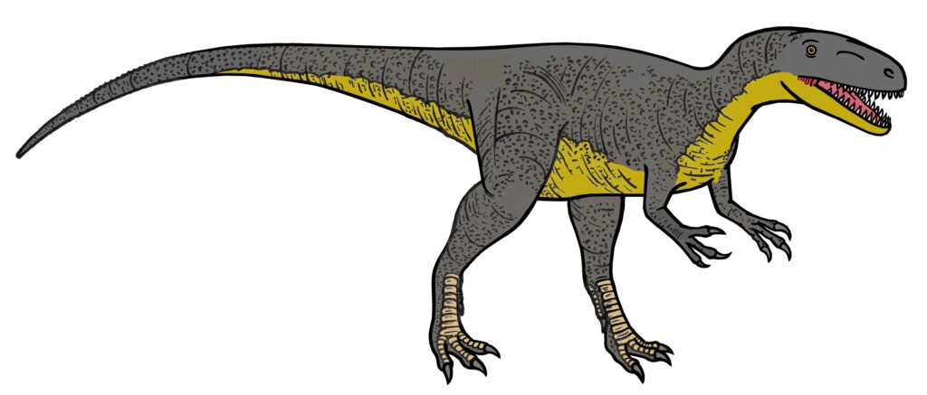 Illustration of a dinosaur with a long tail, gray and yellow scales, and red, pointed teeth. Its sharp claws and focused eyes suggest readiness.