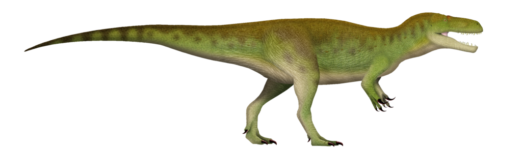 Illustration of a green and brown Tyrannosaurus rex in profile, displaying sharp teeth and small forearms. The dinosaur appears lifelike and powerful.