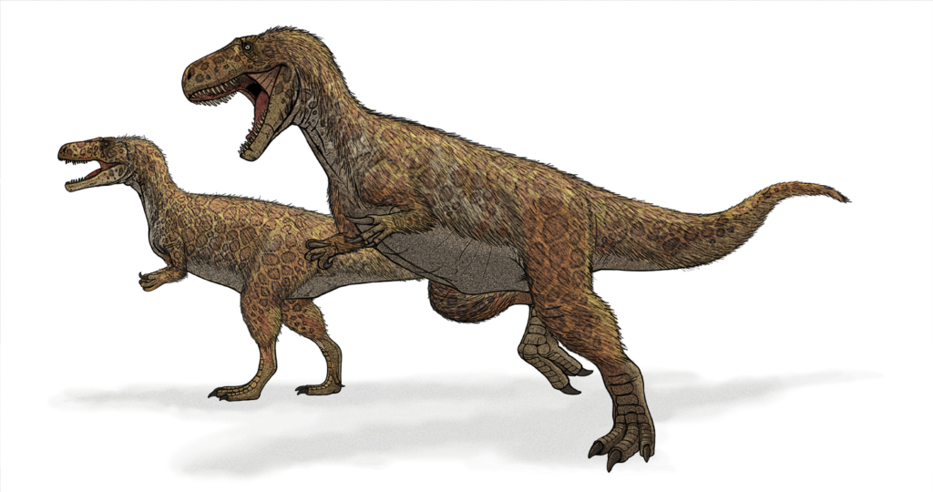 Illustration of two feathered dinosaurs with open mouths, running side by side. They have textured brownish skin and sharp claws, conveying a dynamic and energetic scene.