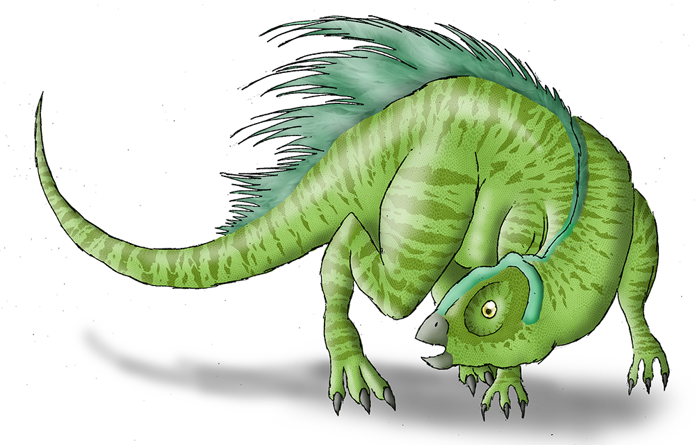 An artistic depiction of a green dinosaur-like creature, with feather-like structures on its back and a turquoise headband. The creature has a playful stance.
