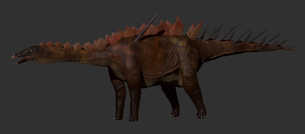 A digital rendering of a stegosaurus-like dinosaur with reddish-brown skin, large plates on its back, and sharp spikes on its tail, set against a dark background.