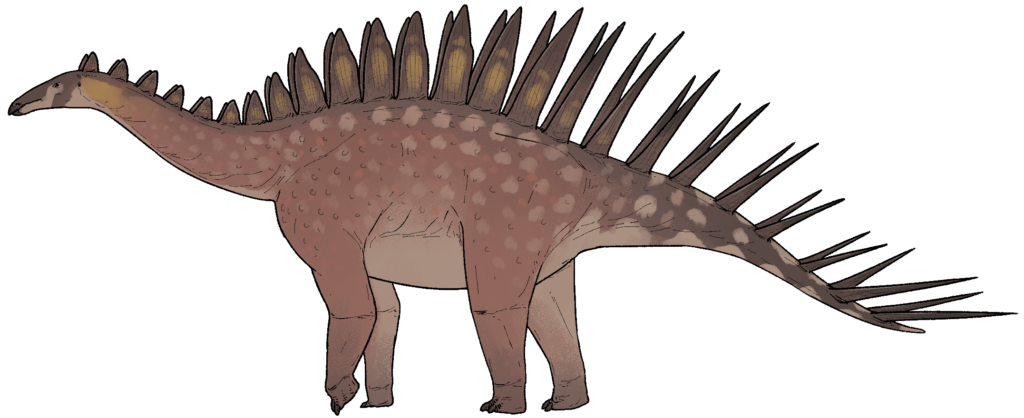 Illustration of a stegosaurus with brown and beige skin, covered in spots. The dinosaur features a double row of sharp, tall plates along its back and tail.