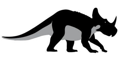 A silhouette of a triceratops dinosaur on a white background. The dinosaur has three horns, a large frill, and strong legs, conveying a prehistoric vibe.