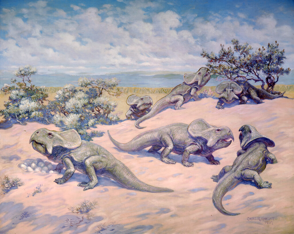 Group of prehistoric, reptile-like creatures with beaked faces roam a sandy, shrub-filled landscape under a cloudy blue sky. Eggs and playful interaction depicted.