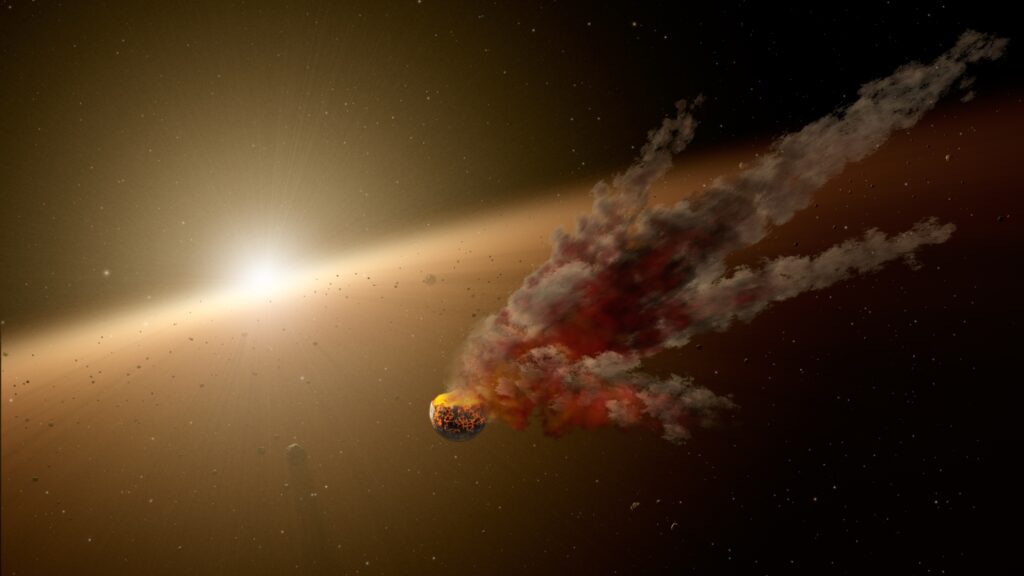 A rocky asteroid burns with fiery debris trailing behind, set against a glowing sun and a dark star-filled space. The scene conveys chaos and intensity.