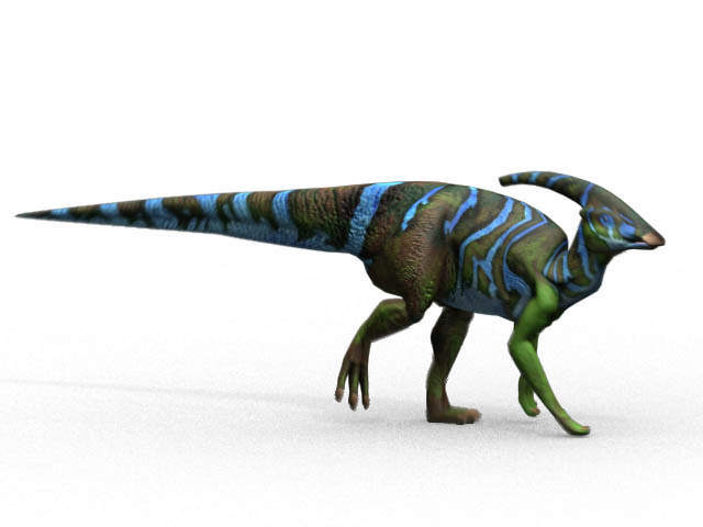 A dinosaur with blue and green stripes and a long tail walks on all fours against a plain white background, conveying a sense of ancient wilderness.