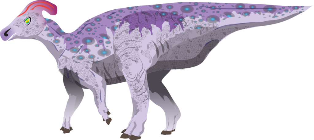Illustration of a vibrant, purple dinosaur with a red crest and blue, patterned spots on its back. The creature exudes a lively, prehistoric vibe.