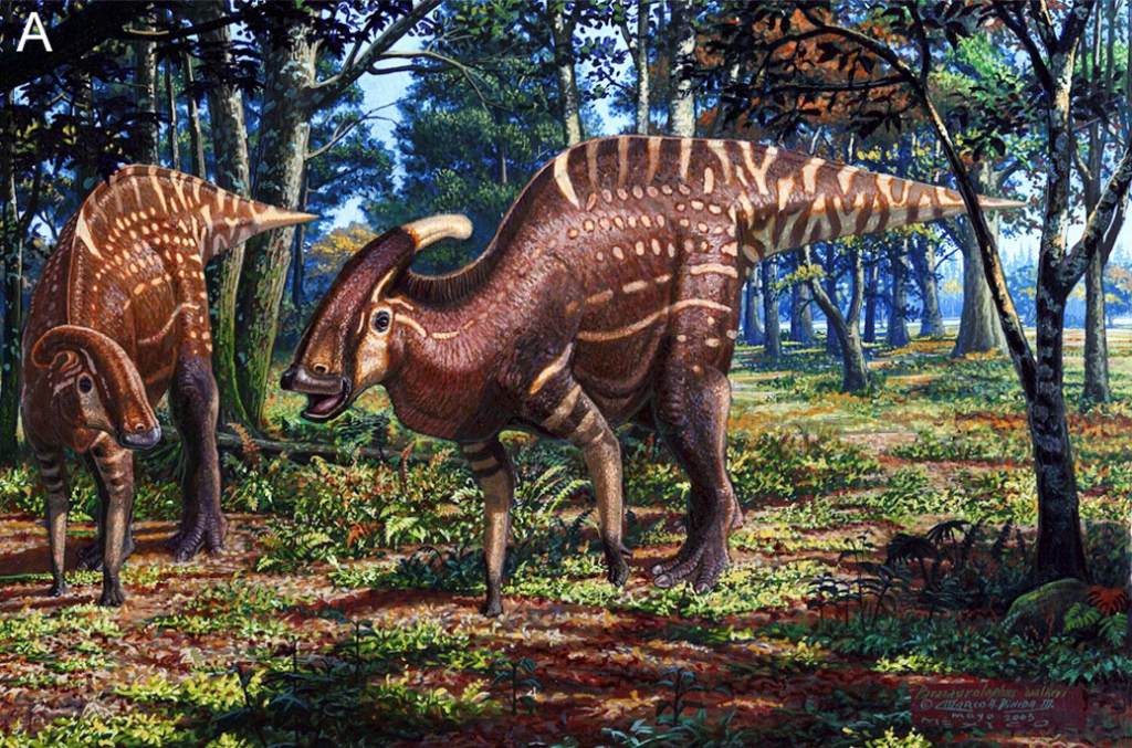 Two Parasaurolophus dinosaurs roam a sunlit forest, their patterned skin blending with the foliage. The scene conveys a sense of prehistoric tranquility.