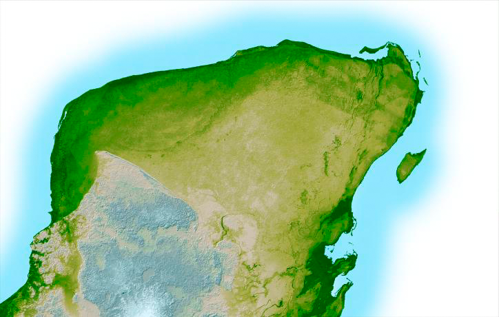 Digital elevation map of the Yucatán Peninsula with green land masses and light blue water. Elevation changes highlighted in darker shades.