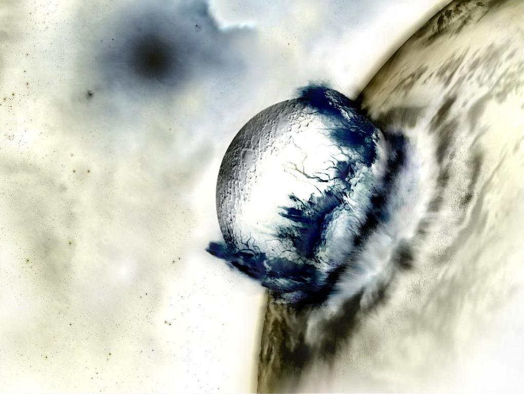 Abstract image of a textured sphere emitting dark blue wisps, colliding with a larger surface. Hazy beige backdrop suggests energy and movement.