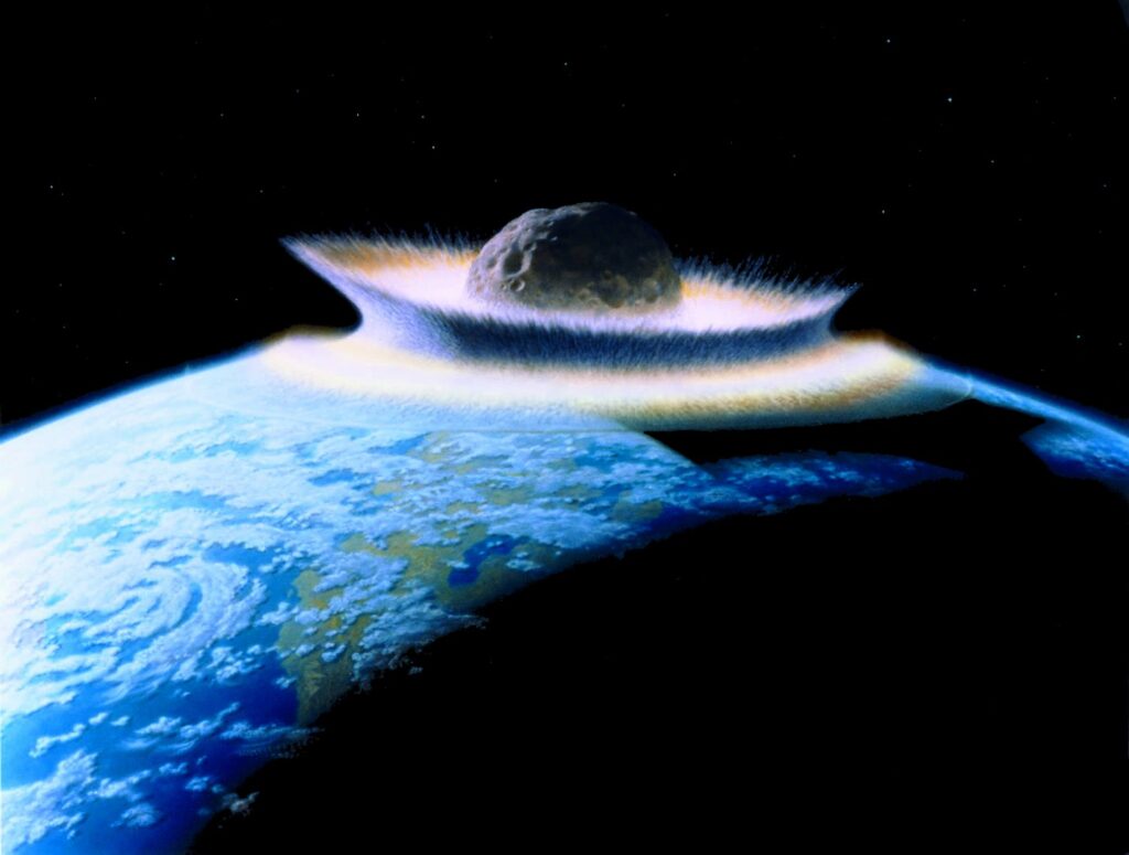 A massive asteroid impacts Earth, creating a glowing shockwave. The vast explosion contrasts with the deep blackness of space, conveying a dramatic, catastrophic event.