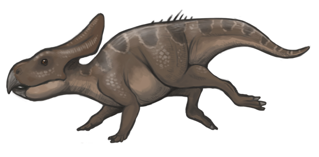 Illustration of a brown, horned dinosaur in mid-stride, showcasing textured skin and a long tail. The dinosaur appears dynamic and lively.
