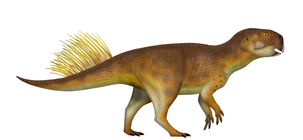 Illustration of a dinosaur with a textured brown and yellow body, walking on all fours. It has a spiky tail and an alert expression.