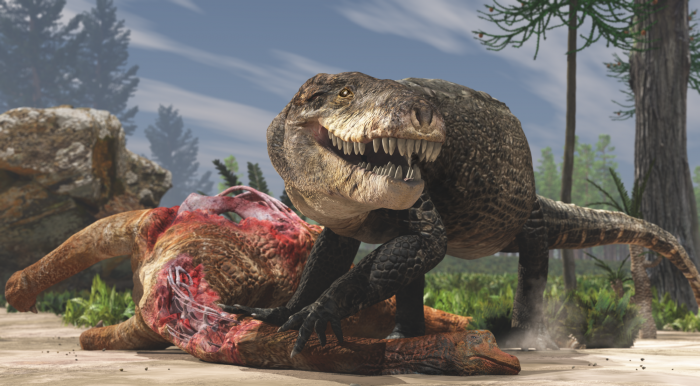 A fierce stands over a slain dinosaur, displaying its sharp teeth. The scene is set in a prehistoric forest, conveying raw power.