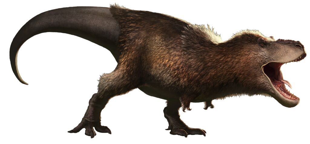 Illustration of a roaring dinosaur, possibly a T. rex, with textured brown and gray skin and sharp teeth. Its posture conveys a dynamic, fierce energy.