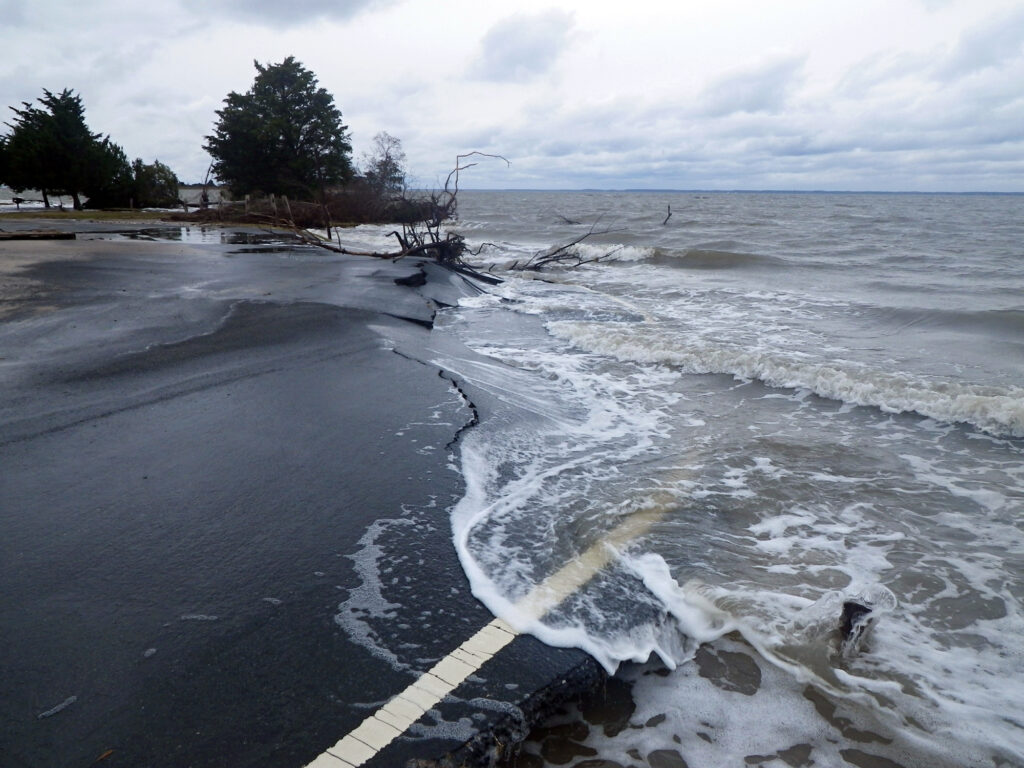 Flooded coastal road with foamy waves washing over broken asphalt, bordered by trees under a cloudy sky. The scene conveys a sense of desolation.