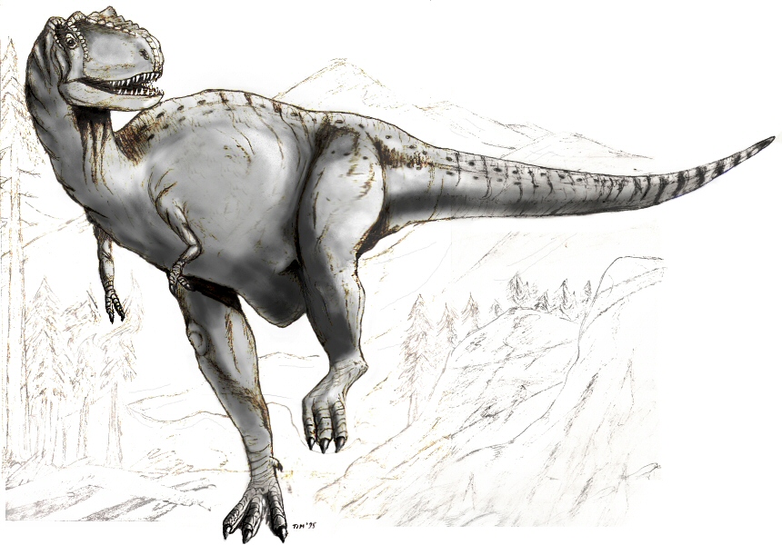 Illustration of a large dinosaur standing upright with a textured gray body and a long tail, set against a sketchy, mountainous forest background.