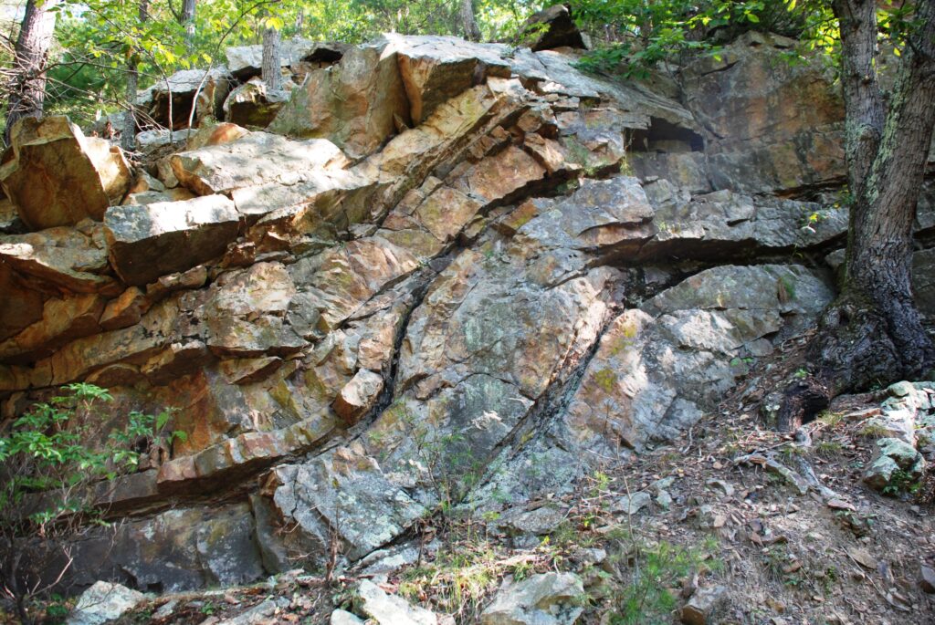Rocky cliffside with rugged, sunlit boulders and visible cracks, surrounded by lush green foliage. A tree is growing on the right side.
