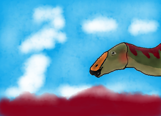 Digital artwork of a dinosaur with a long neck and green-red pattern against a bright blue sky and fluffy white clouds, conveying a serene mood.
