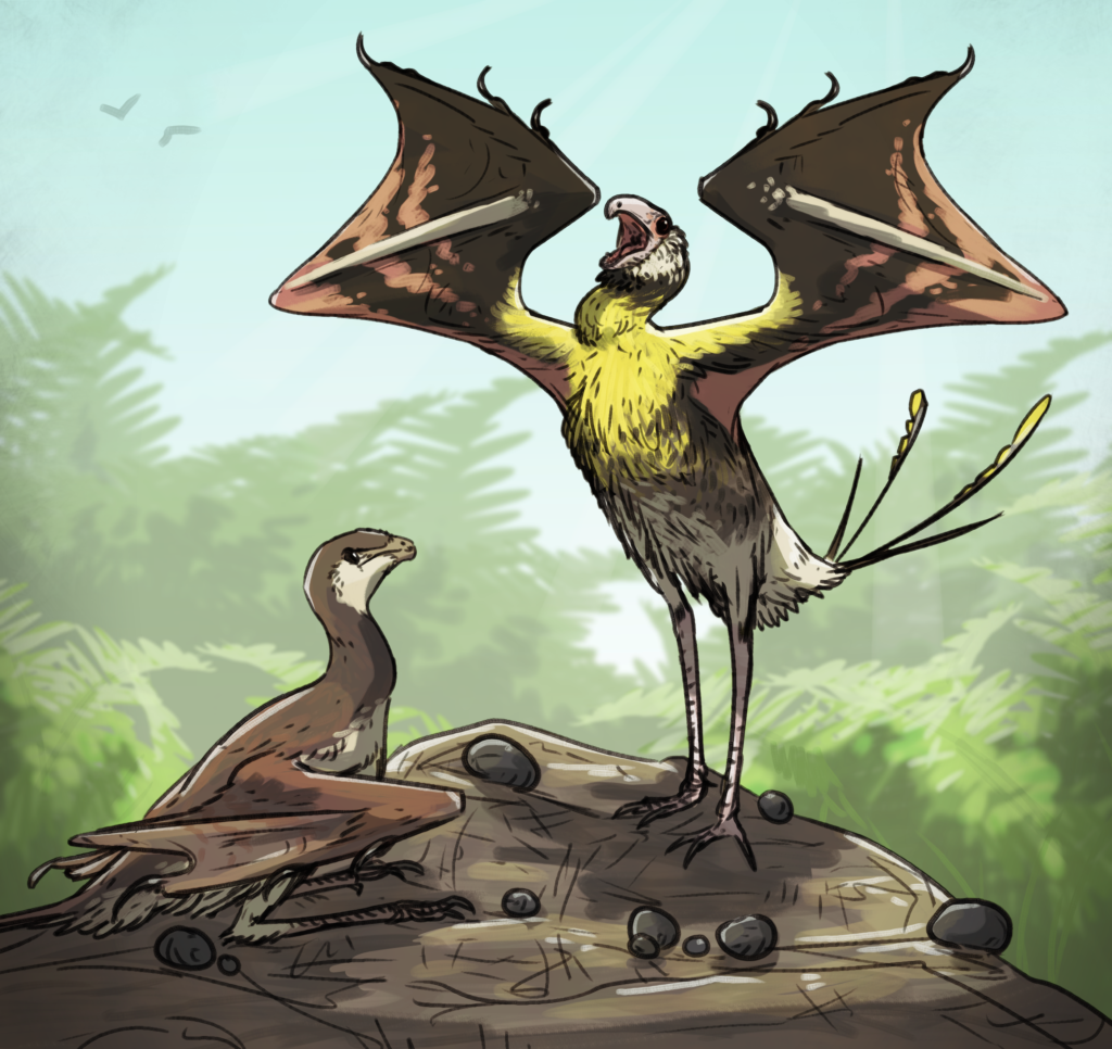 Two bird-like dinosaurs on a rock