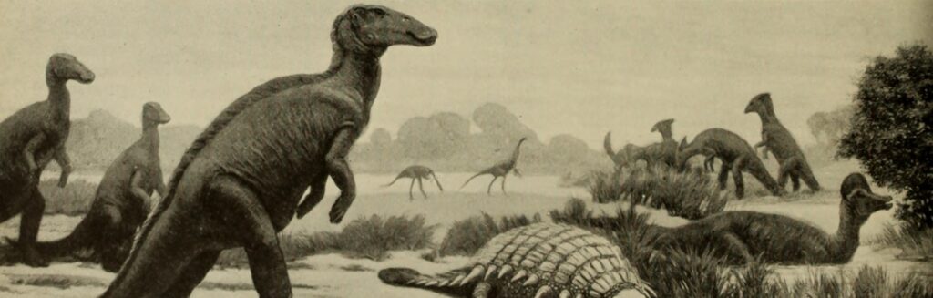Black and white illustration of multiple dinosaurs, including bipedal ones and an armored dinosaur in the foreground. They roam a grassy, prehistoric landscape.