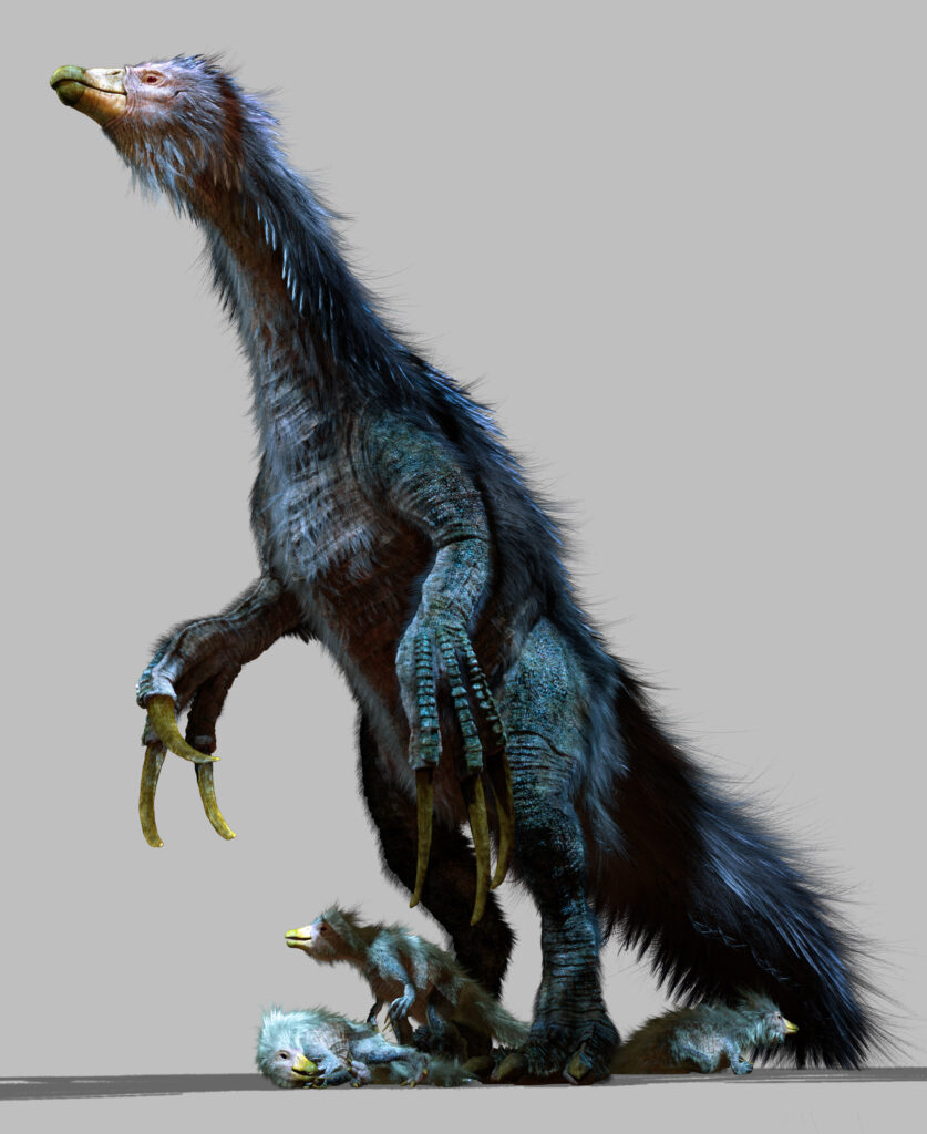 A large, feathered dinosaur with long claws stands protectively over three fluffy, similar-looking babies. Gray background, conveying a prehistoric scene.