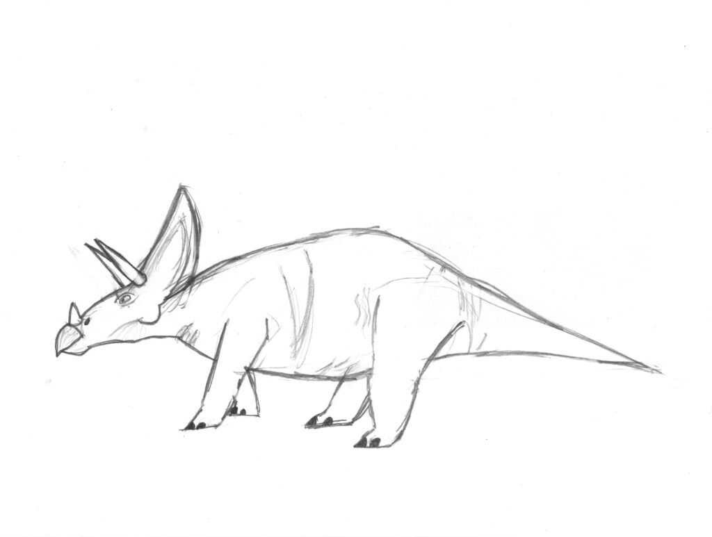 Pencil sketch of a Torosaurus dinosaur in side profile. It has a large frill, three facial horns, and a sturdy body, conveying a sense of prehistoric strength.