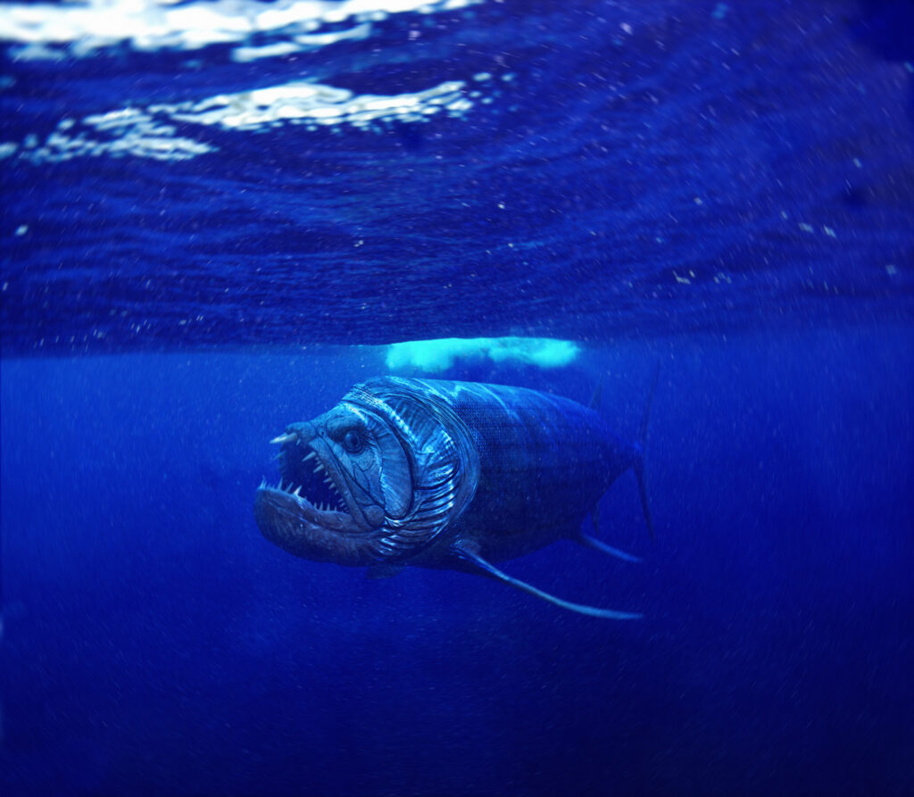 A large, menacing fish with sharp teeth swims in deep blue ocean water. Its open mouth and fierce expression convey a sense of danger and mystery.