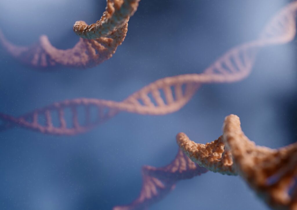 Close-up of DNA strands with a helical structure, set against a soft blue background. The image conveys a sense of scientific exploration.