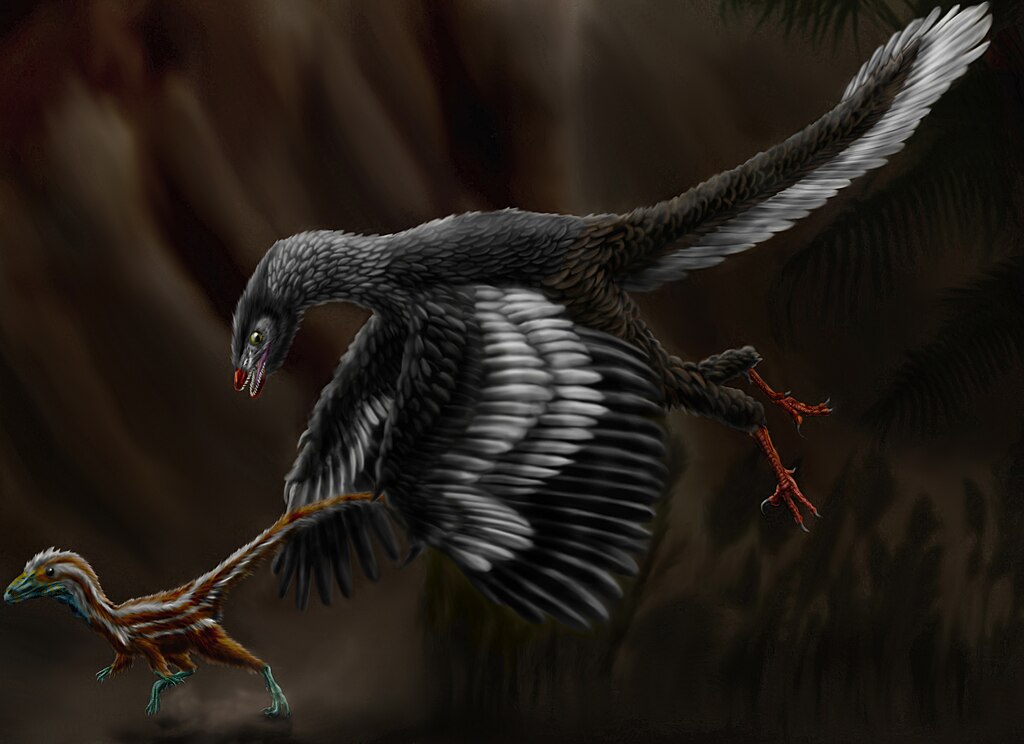 Restoration of Archaeopteryx lithographica chasing Compsognathus longipes in the Late Jurassic of Germany at night.
