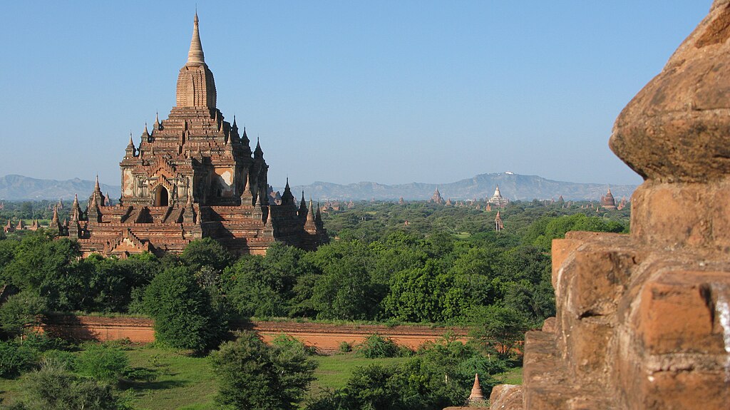 Bagan, Myanmar, Htilominlo Temple compound surrounded by forest