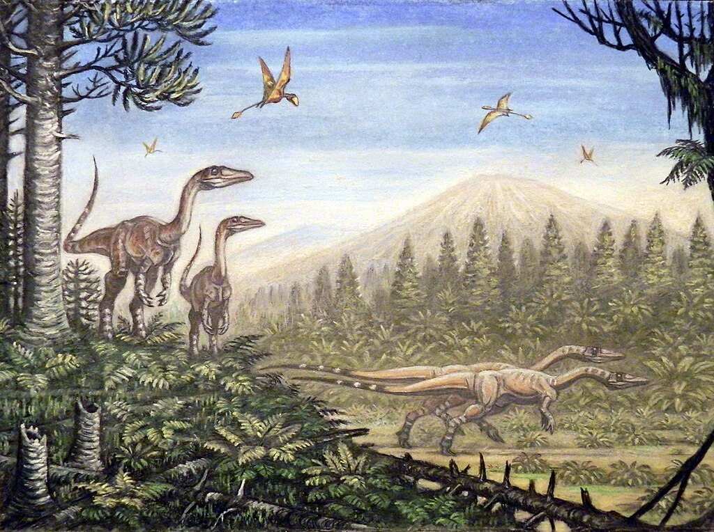 Coelophysids and Peteinosaurus in environment.